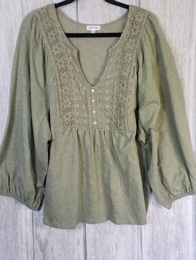 Thread & Clover Cotton Knit Sage Green Lace-Trim Peasant Top Boho Festival 2X